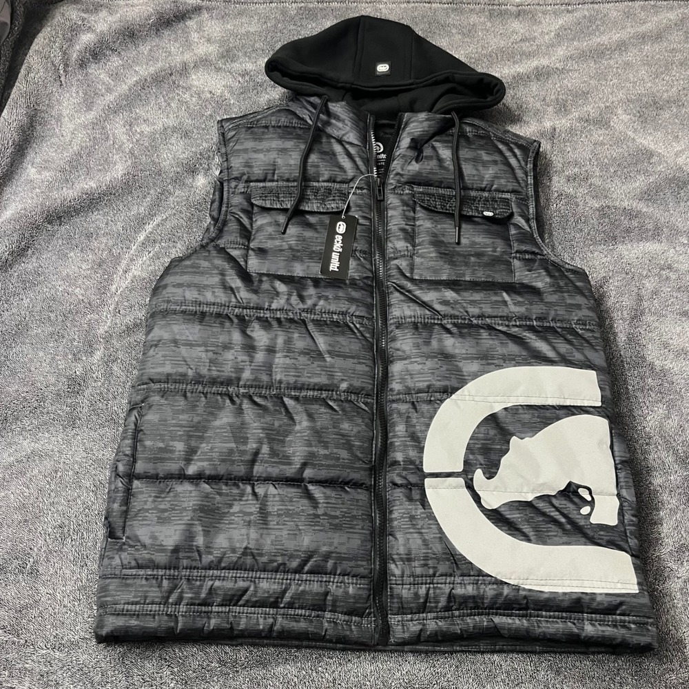 NWT Ecko Unltd Mens Hooded Puffer Vest Black Flyknit Rhino Logo Streetwear M